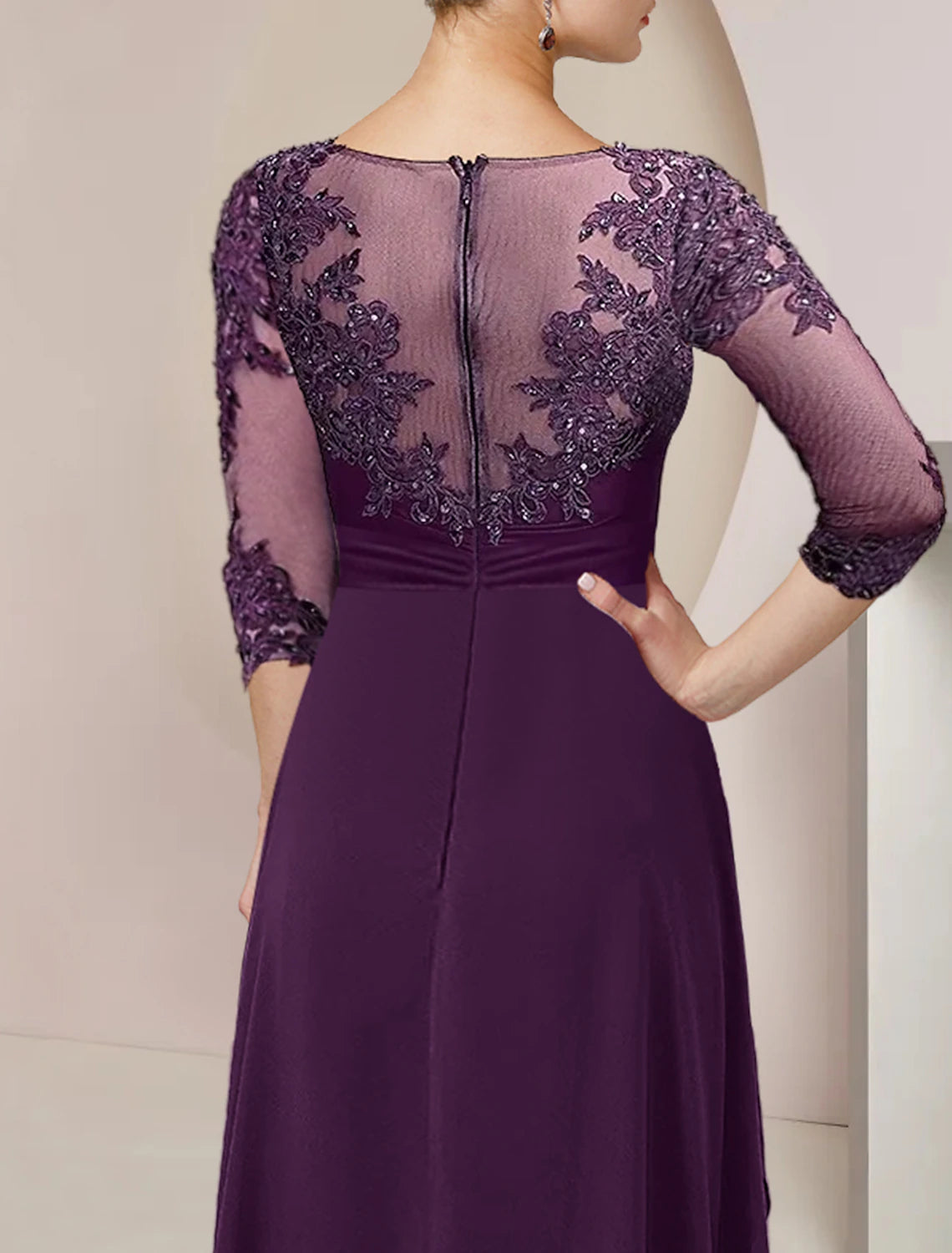 Wholesale  A-Line Mother of the Bride Dress Formal Wedding Guest Elegant High Low Scoop Neck Asymmetrical Floor Length Chiffon Lace 3/4 Length Sleeve with Beading Sequin Appliques