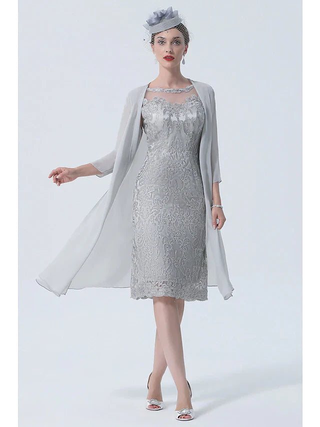 Wholesale Two Piece Mother of the Bride Dress Church Vintage Plus Size Sexy Jewel Neck Tea Length Chiffon 3/4 Length Sleeve with Lace