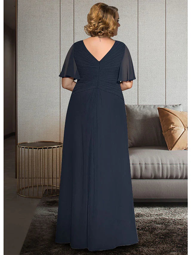 Wholesale A-Line Mother of the Bride Dress Plus Size Elegant V Neck Ankle Length Chiffon Half Sleeve with Pleats Ruching