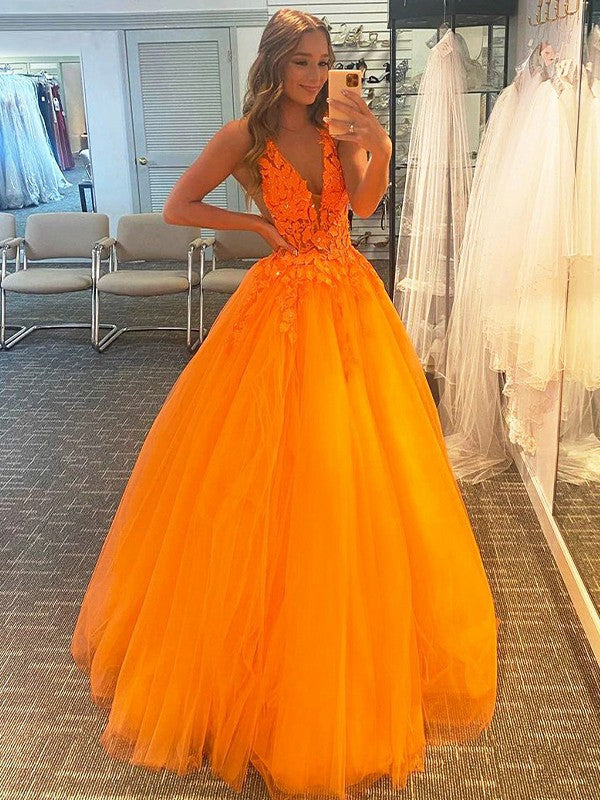 Wholesale Ball Gown Tulle Applique V-neck Sleeveless Floor-Length Dresses