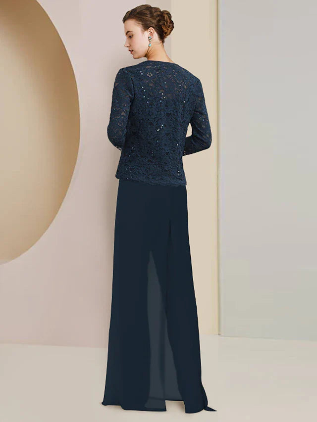 Wholesale Jumpsuit / Pantsuit 3 Piece Mother of the Bride Dress Formal Wedding Guest Plus Size Elegant Scoop Neck Floor Length Chiffon Lace Sleeveless Wrap Included with Sequin