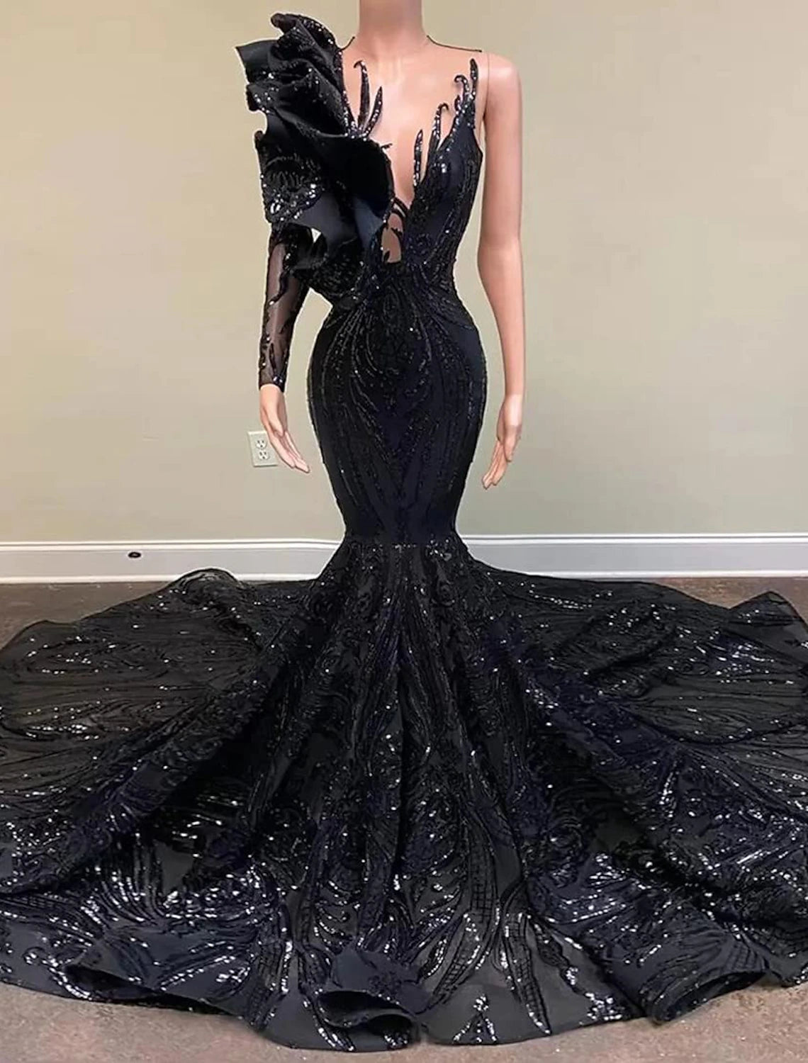Wholesale Mermaid / Trumpet Evening Gown Elegant Dress Engagement Formal Evening Court Train Long Sleeve One Shoulder Sequined with Sequin