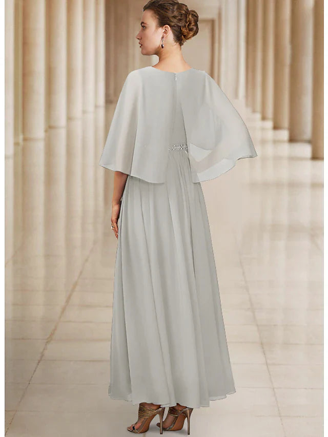 Wholesale A-Line Mother of the Bride Dress Elegant V Neck Ankle Length Chiffon Half Sleeve with Sash / Ribbon Pleats
