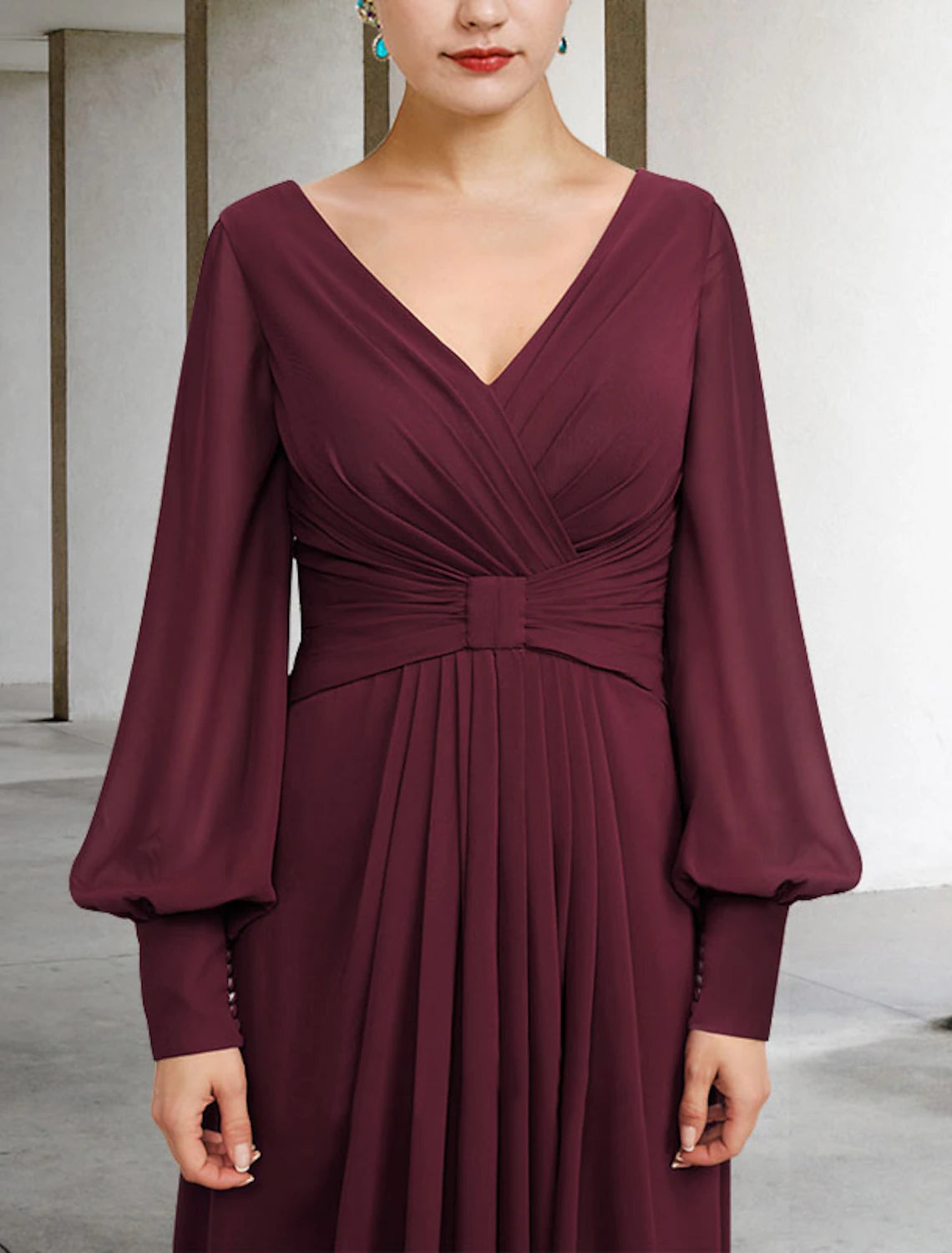 Wholesale  A-Line Mother of the Bride Dress Plus Size Elegant High Low V Neck Asymmetrical Floor Length Chiffon Long Sleeve with Pleats Ruched