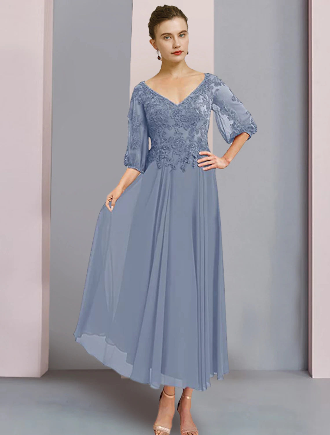 Wholesale  Two Piece A-Line Mother of the Bride Dress Formal Wedding Guest Elegant V Neck Tea Length Chiffon Lace 3/4 Length Sleeve Wrap Included with Pleats Appliques