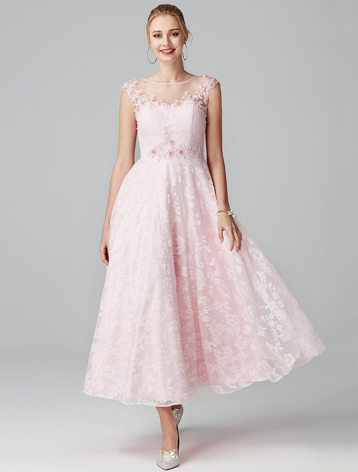 Wholesale  A-Line Prom Dresses Floral Dress Evening Party Wedding Guest Ankle Length Short Sleeve Illusion Neck Lace Zipper with Appliques