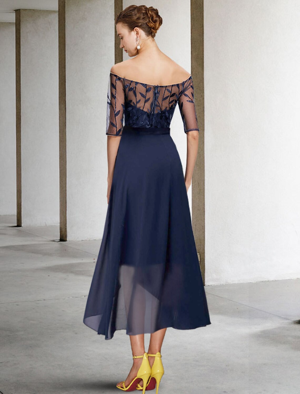 Wholesale  Two Piece Sheath / Column Mother of the Bride Dress Formal Wedding Guest Sparkle & Shine Elegant Off Shoulder Knee Length Chiffon Lace Sequined Half Sleeve with Bow(s) Appliques