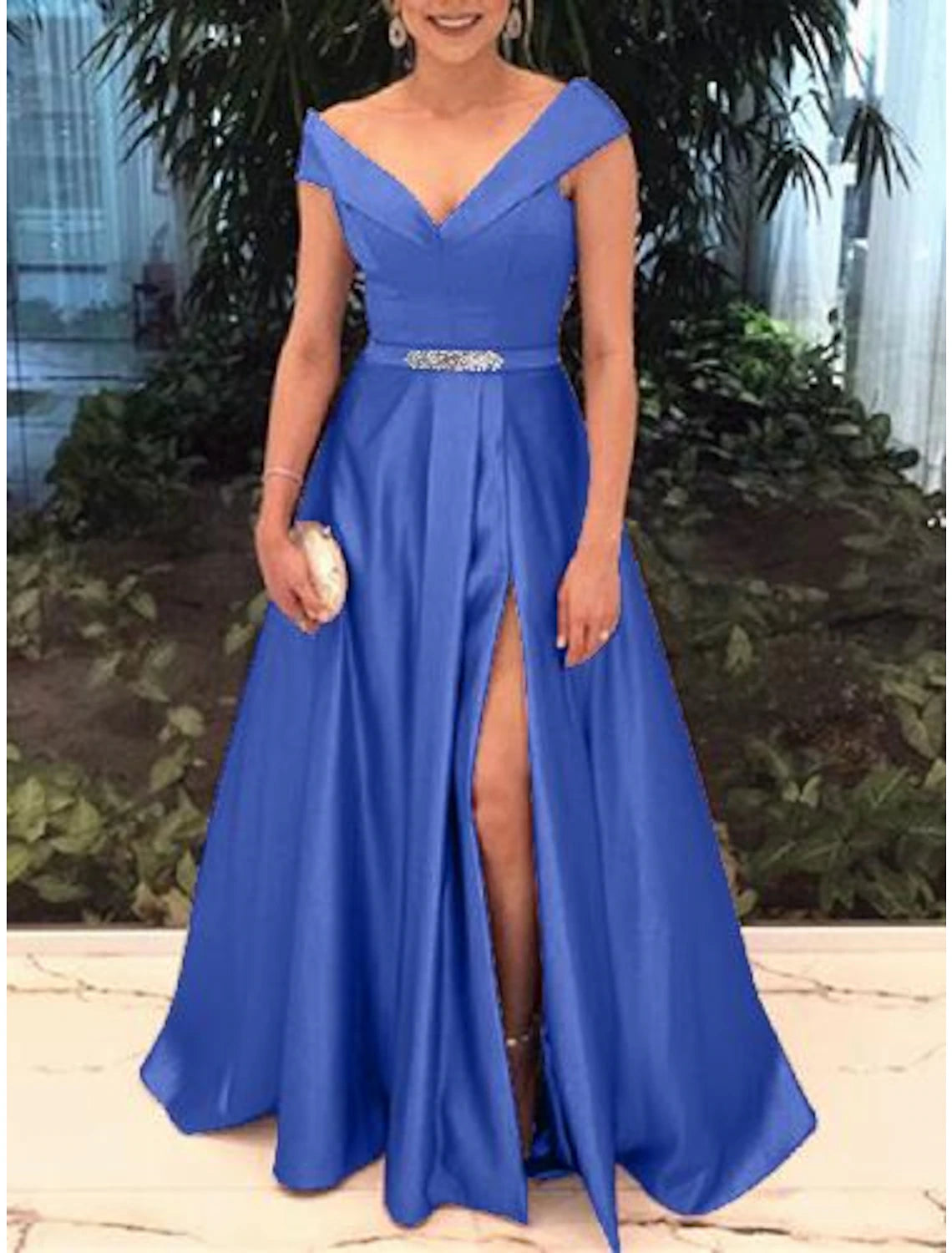 Wholesale  A-Line Elegant Prom Formal Evening Valentine's Day Dress Off Shoulder Short Sleeve Sweep / Brush Train Satin with Split Front