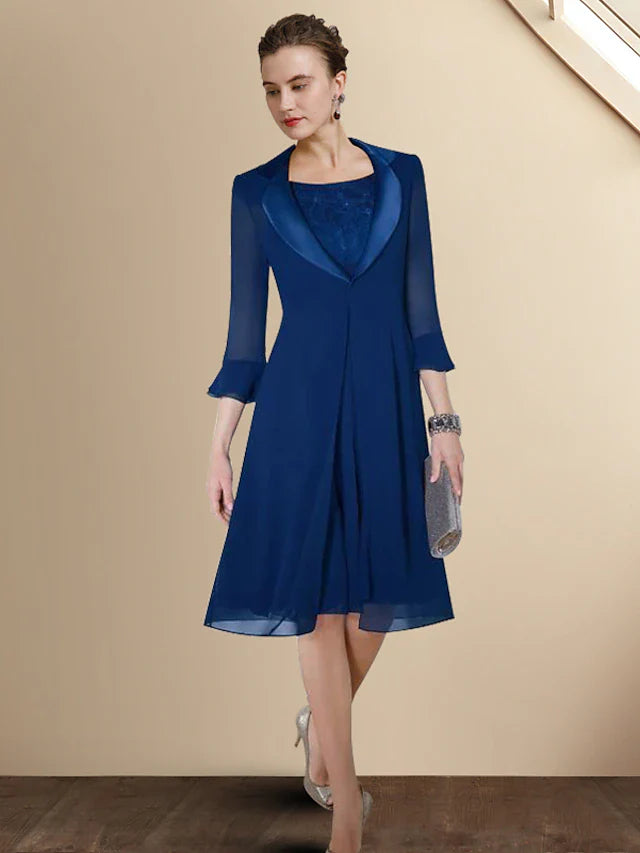 Wholesale A-Line Mother of the Bride Dress Vintage Plus Size Jewel Neck Knee Length Chiffon Short Sleeve Jacket Dresses with Ruching