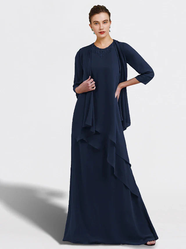 Wholesale Two Piece A-Line Mother of the Bride Dress Plus Size Elegant Jewel Neck Floor Length Chiffon Sleeveless Wrap Included with Ruffles Appliques