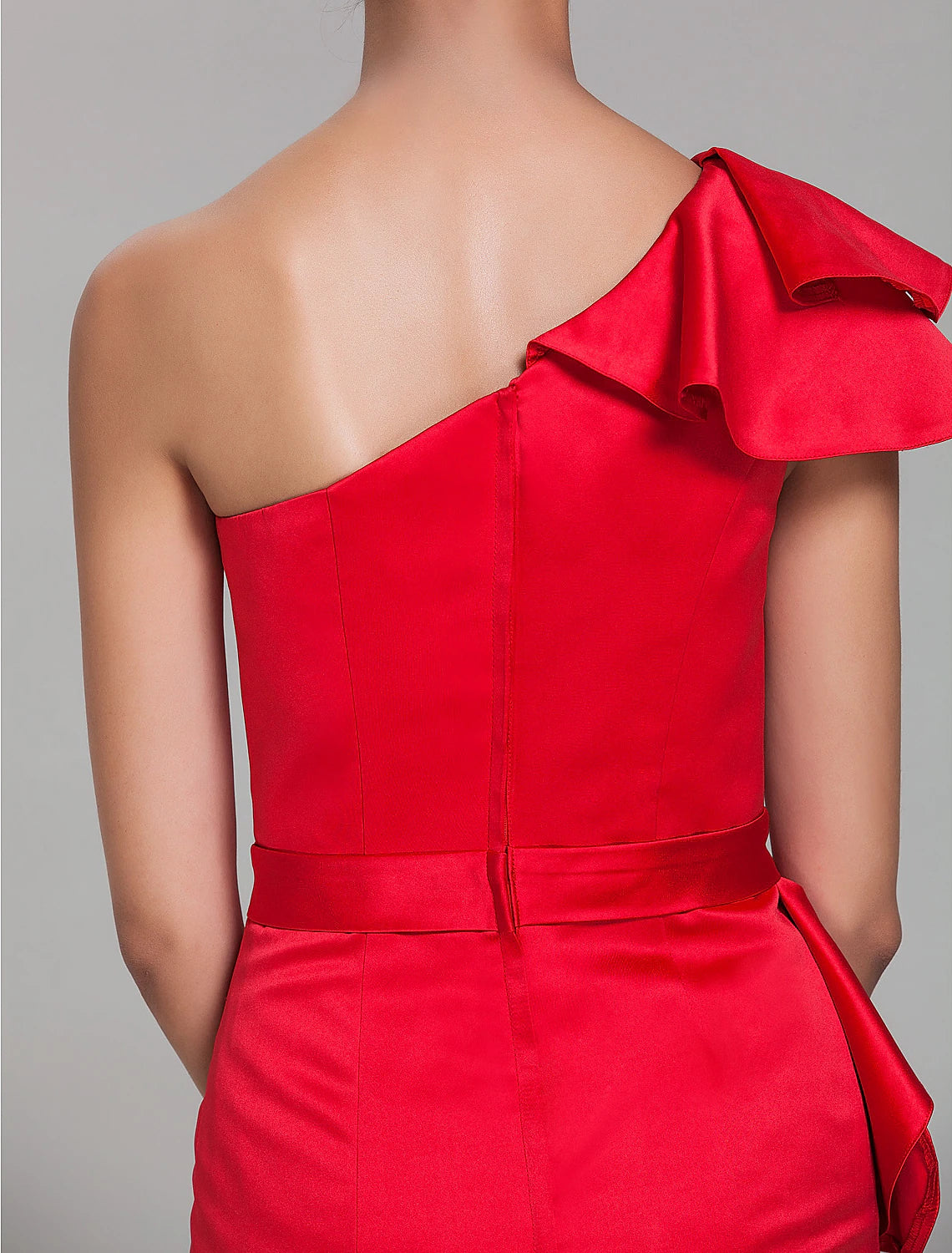 Wholesale Sheath / Column One Shoulder Short / Mini Satin Bridesmaid Dress with Sash / Ribbon / Ruffles