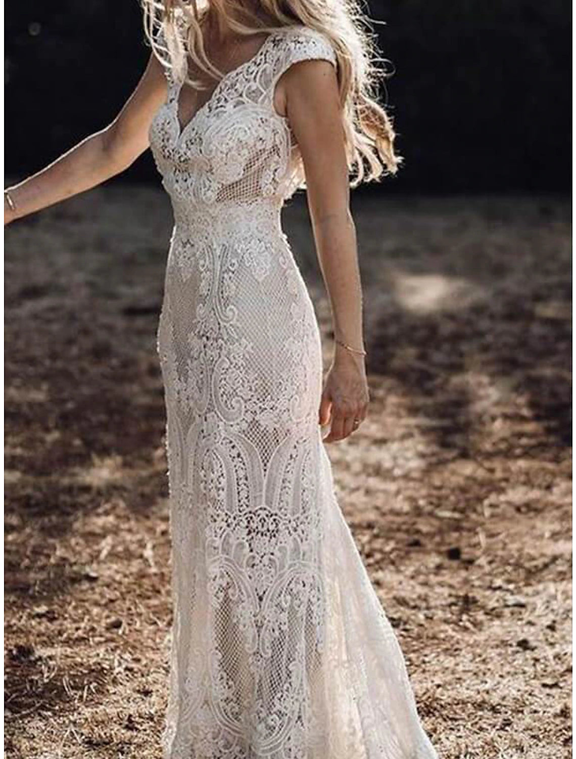 Wholesale  Beach Boho Wedding Dresses Mermaid / Trumpet V Neck Cap Sleeve Court Train Lace Outdoor Bridal Gowns With Appliques Solid
