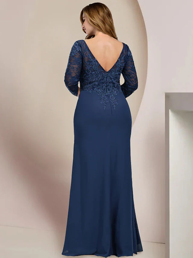 Wholesale Plus Size Curve Mother of the Bride Dress Wedding Guest Party Elegant Scoop Neck Floor Length Chiffon Lace Long Sleeve with Split Front Ruching