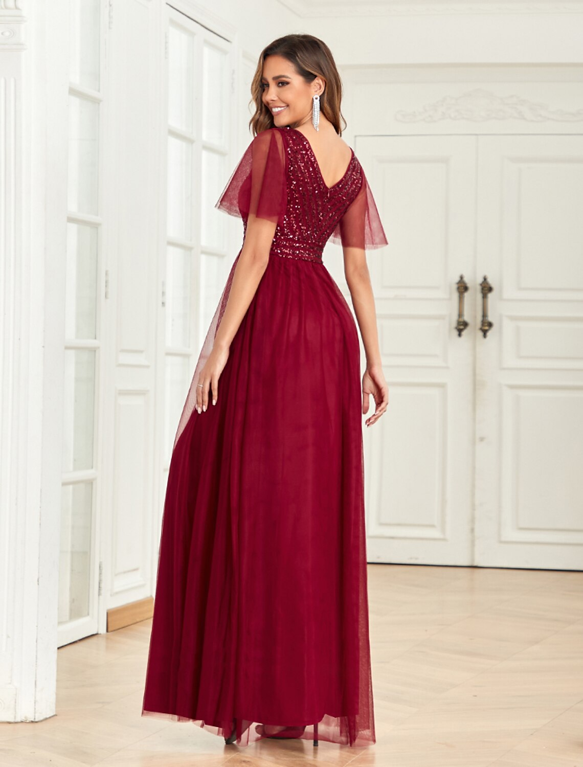 Wholesale A-Line Party Dresses Empire Dress Party Wear Wedding Party Floor Length Short Sleeve V Neck Tulle V Back with Glitter Sequin