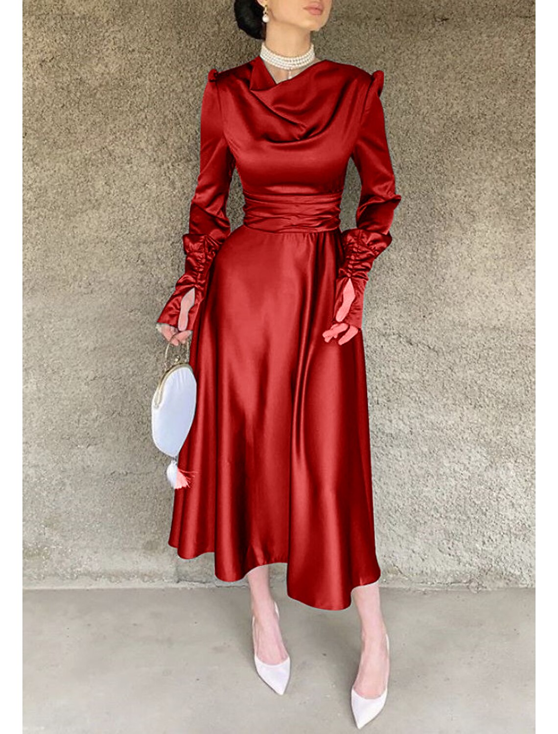 Wholesale A-Line Cocktail Dress Christmas Red Green Dresses Elegant Dress Wedding Guest Fall Tea Length Long Sleeve Cowl Neck Bridesmaid Dress Red Green Dress Satin with Ruched