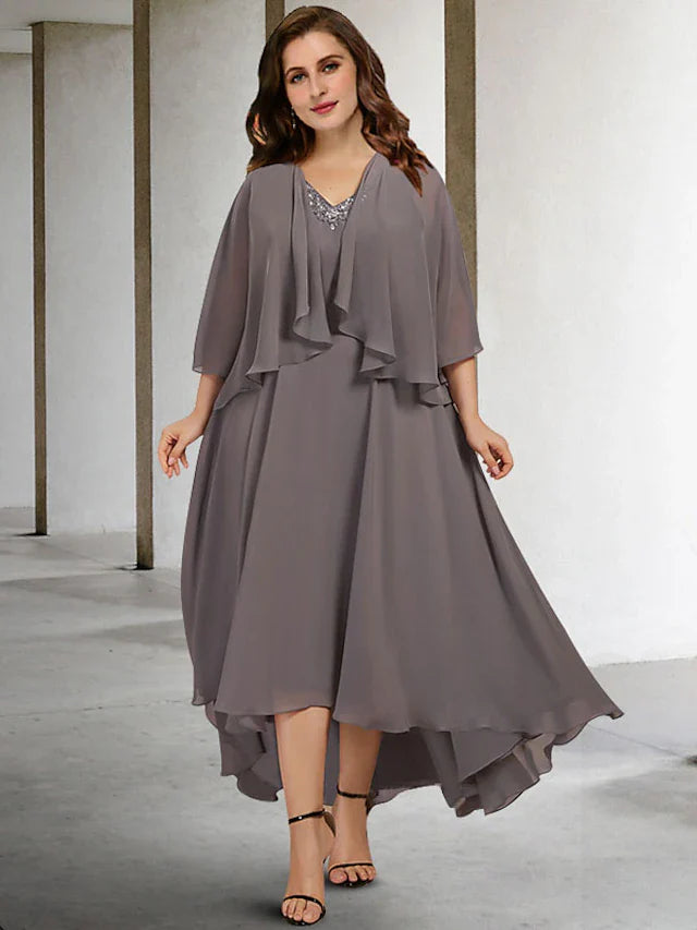 Wholesale Two Piece A-Line Plus Size Curve Mother of the Bride Dresses Elegant Dress Wedding Guest Tea Length Sleeveless V Neck Chiffon with Beading