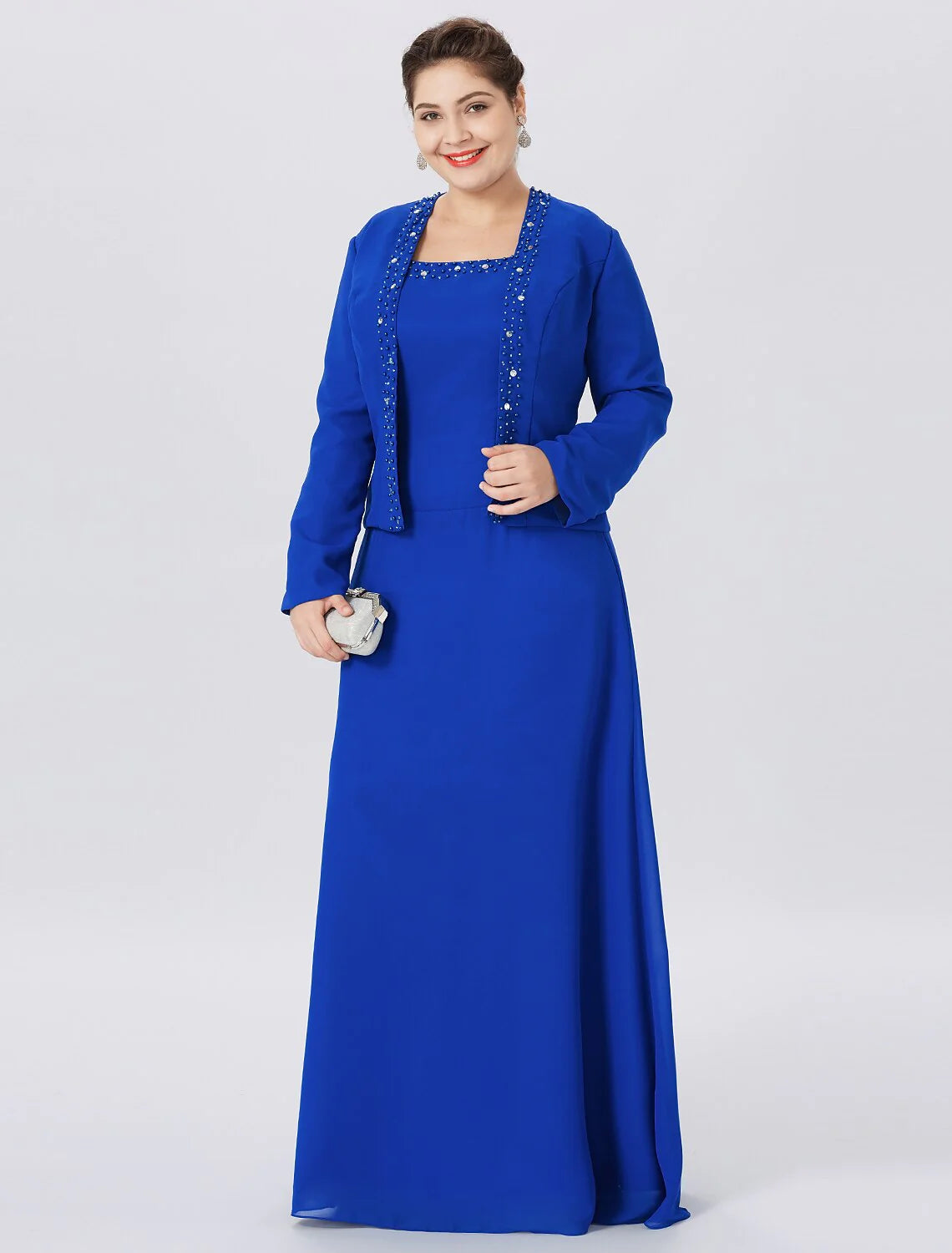 Wholesale A-Line Mother of the Bride Dress Formal Classic & Timeless Elegant & Luxurious Plus Size Straps Floor Length Chiffon Lace Long Sleeve Wrap Included with Pearls Crystals