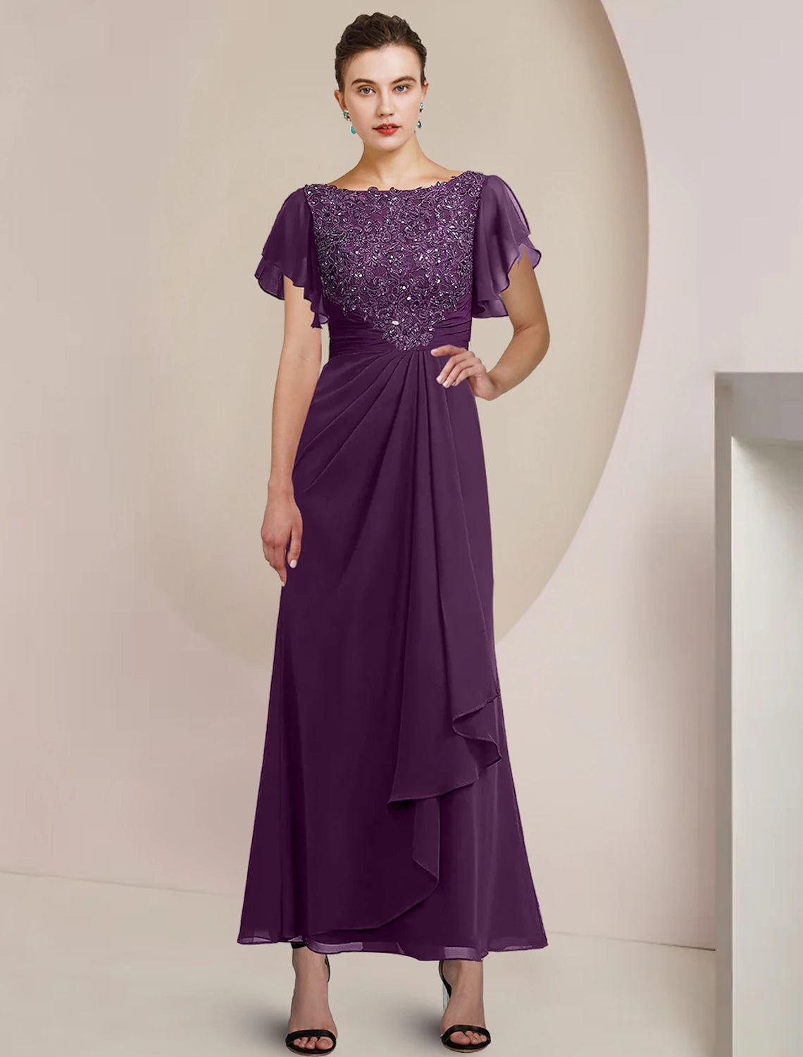 Wholesale  A-Line Mother of the Bride Dress Formal Wedding Guest Elegant Scoop Neck Tea Length Chiffon Lace 3/4 Length Sleeve with Beading Sequin Appliques
