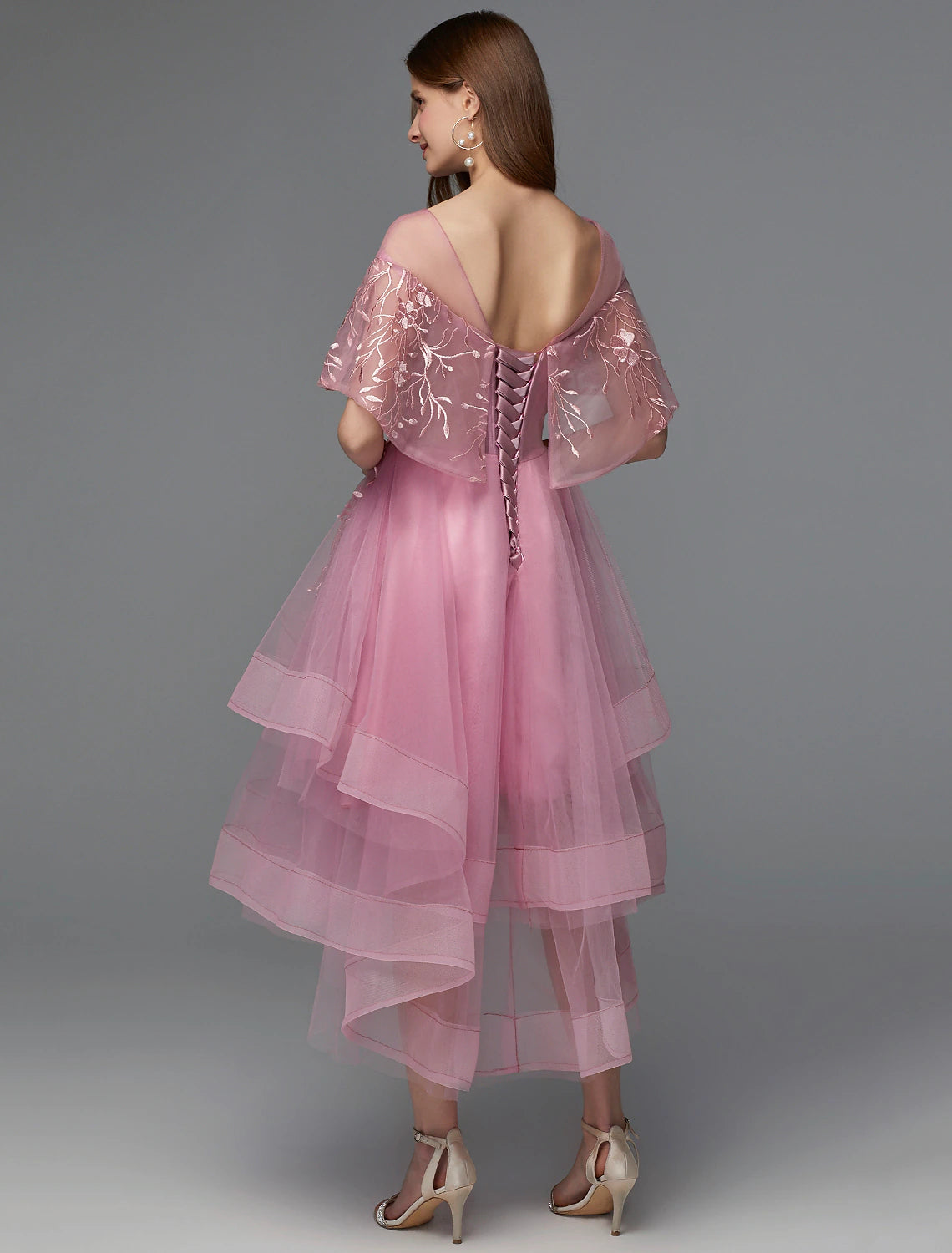 Wholesale  A-Line Elegant Dress Holiday Wedding Guest Asymmetrical Sleeveless Illusion Neck Lace Tie Back with Lace Insert