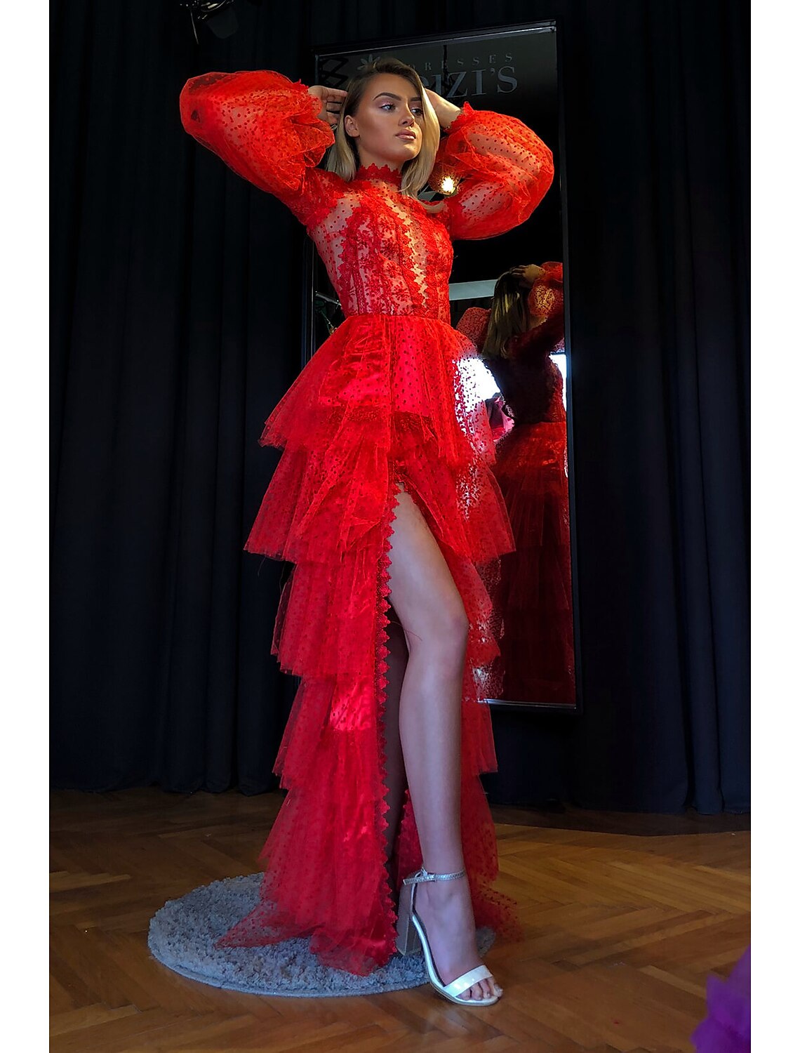 Wholesale Sheath / Column Empire Sexy High Split Party Wear Prom Valentine's Day Dress High Neck Long Sleeve Floor Length Lace