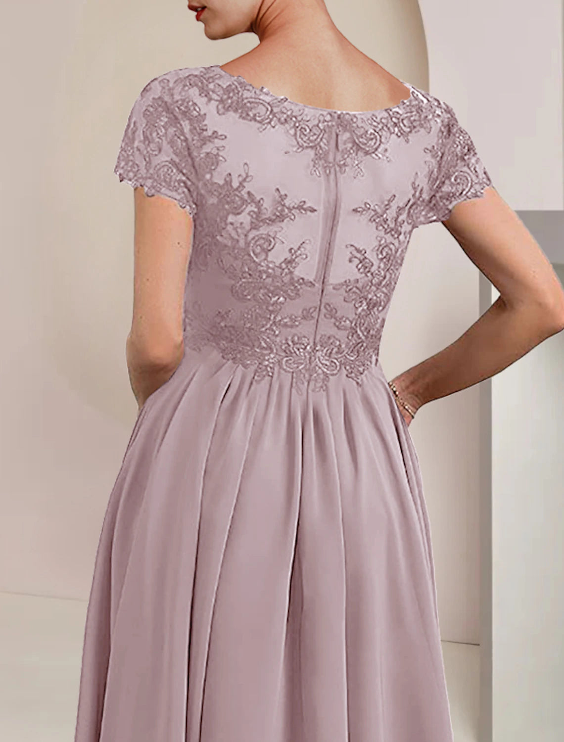 Wholesale  Two Piece A-Line Mother of the Bride Dress Formal Wedding Guest Elegant V Neck Asymmetrical Tea Length Chiffon Lace Short Sleeve Wrap Included with Pleats Appliques