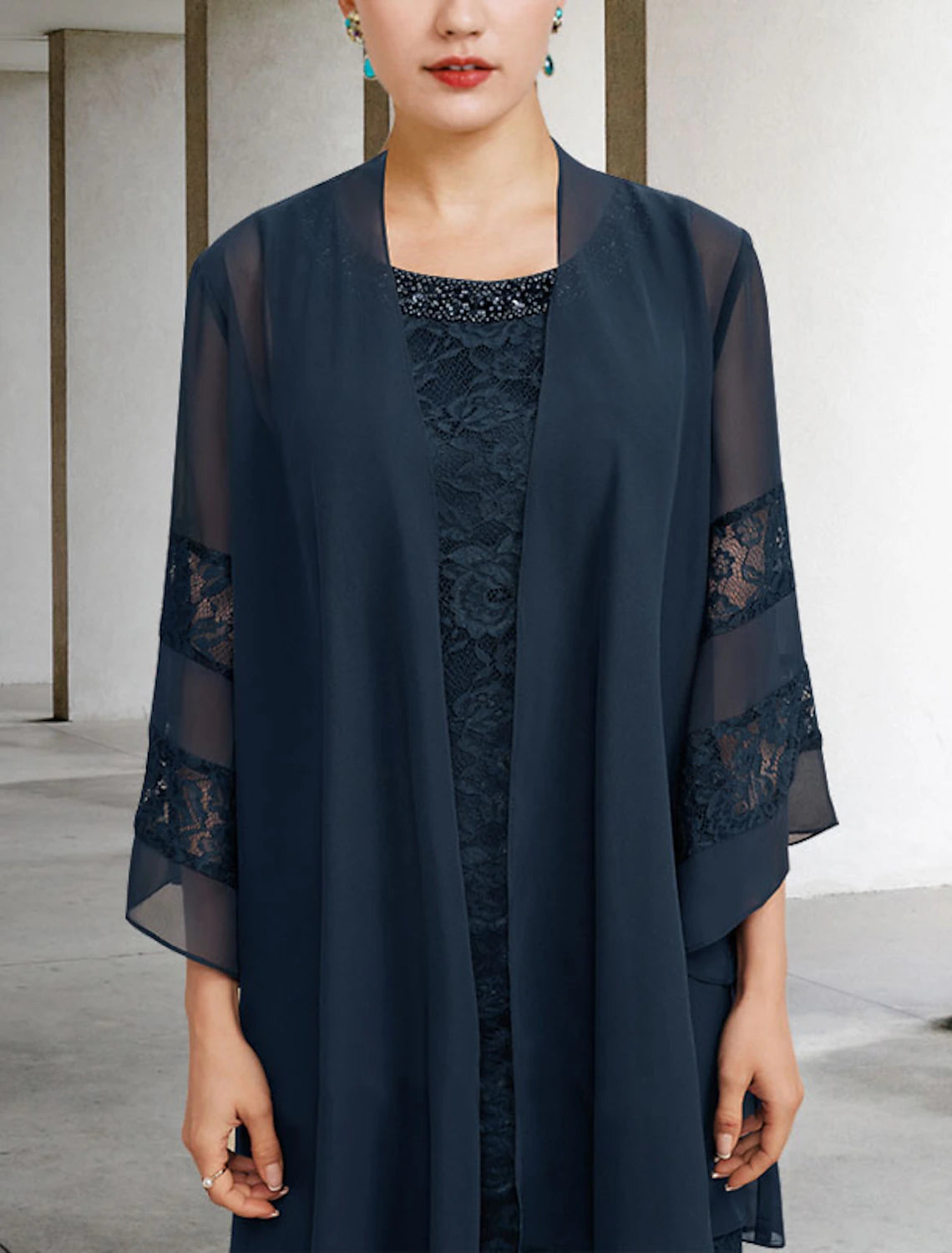 Wholesale  Two Piece Sheath / Column Mother of the Bride Dress Wedding Guest Plus Size Elegant Jewel Neck Knee Length Chiffon Lace Sleeveless with Beading Appliques Fall