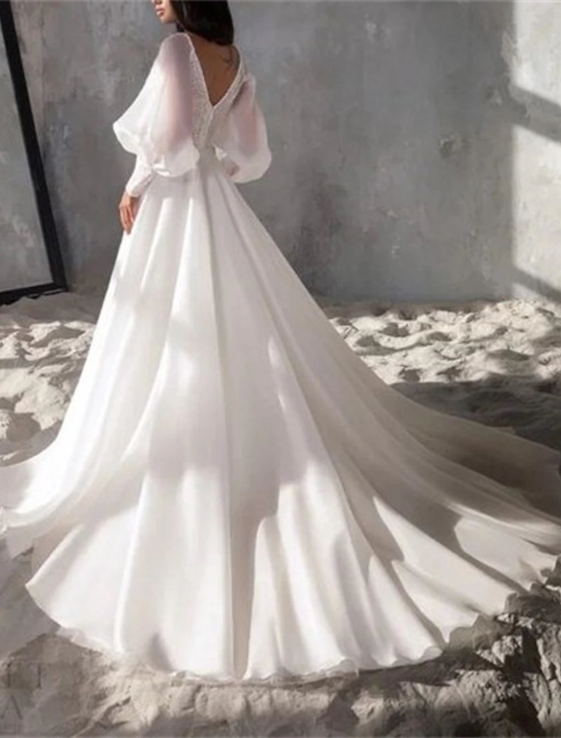 Wholesale Sparkle & Shine Formal Wedding Dresses A-Line V Neck Long Sleeve Chapel Train Organza Bridal Gowns With Split Front