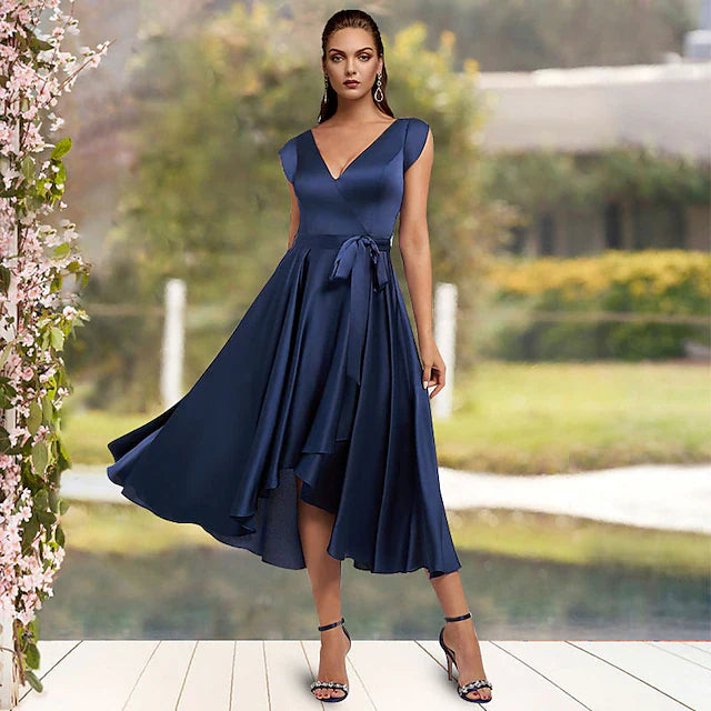 Wholesale A-Line Mother of the Bride Dress Elegant Sexy High Low V Neck Asymmetrical Tea Length Charmeuse Cap Sleeve with Bow(s) Pleats