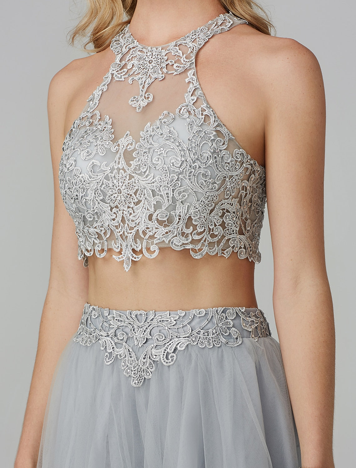 Wholesale  Two Piece Empire Prom Formal Evening Dress Halter Neck Sleeveless Floor Length Lace with Appliques