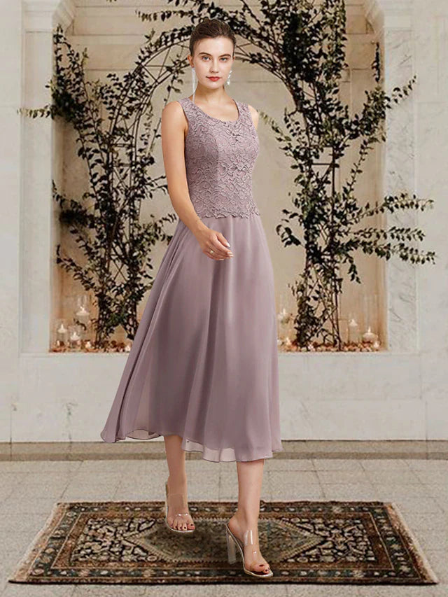 Wholesale Two Piece A-Line Mother of the Bride Dress Church Elegant Jewel Neck Floor Length Tea Length Chiffon Lace Sleeveless Short Jacket Dresses with Ruffles Appliques