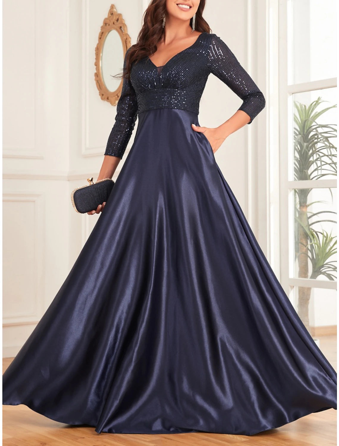 Wholesale A-Line Mother of the Bride Dress Wedding Guest Elegant V Neck Floor Length Satin 3/4 Length Sleeve with Sequin Ruching