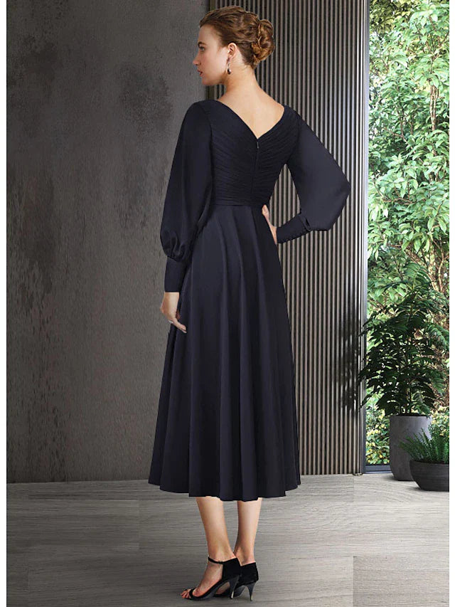 Wholesale A-Line Mother of the Bride Dress Elegant V Neck Tea Length Chiffon Short Sleeve Long Sleeve with Pleats Ruching