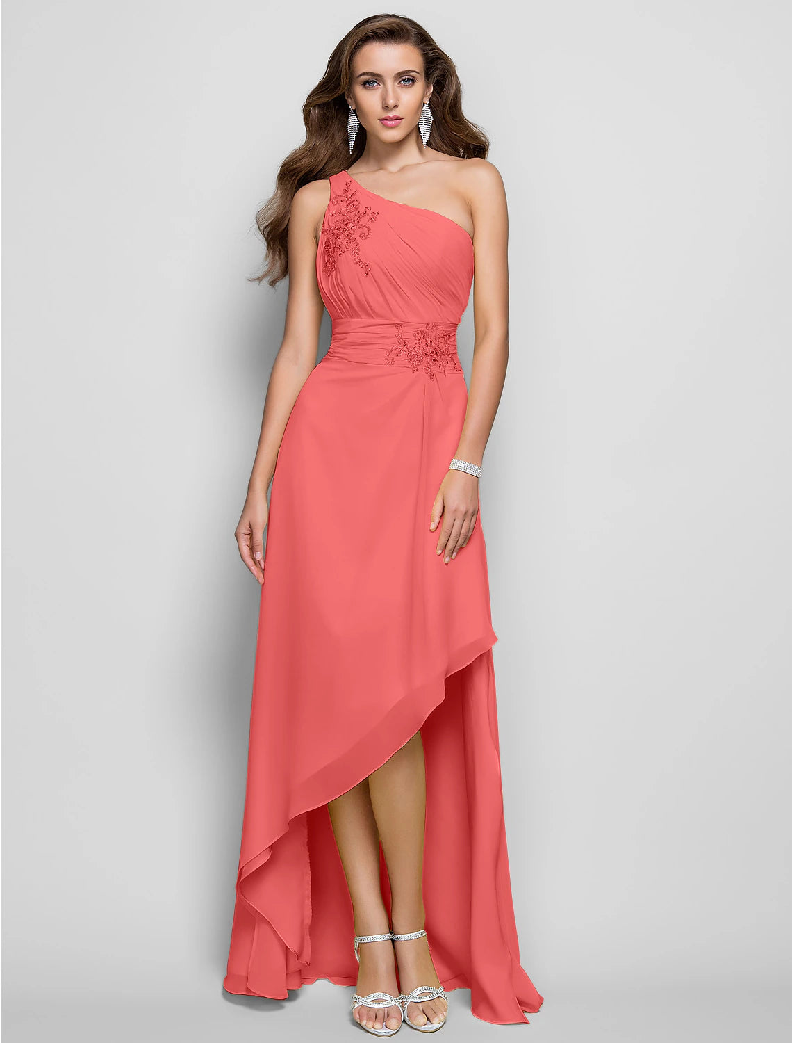 Wholesale  Sheath / Column Elegant Dress Wedding Guest Cocktail Party Asymmetrical Sleeveless One Shoulder Bridesmaid Dress Chiffon with Beading Slit Appliques