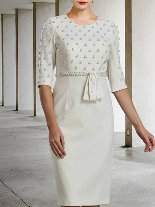 Wholesale Sheath / Column Mother of the Bride Dress Luxurious Elegant Jewel Neck Knee Length Lace Charmeuse Half Sleeve with Sash / Ribbon Beading