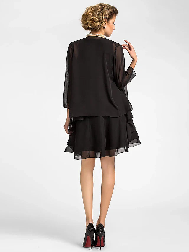 Wholesale A-Line Mother of the Bride Dress Wrap Included Jewel Neck Knee Length Chiffon 3/4 Length Sleeve with Draping