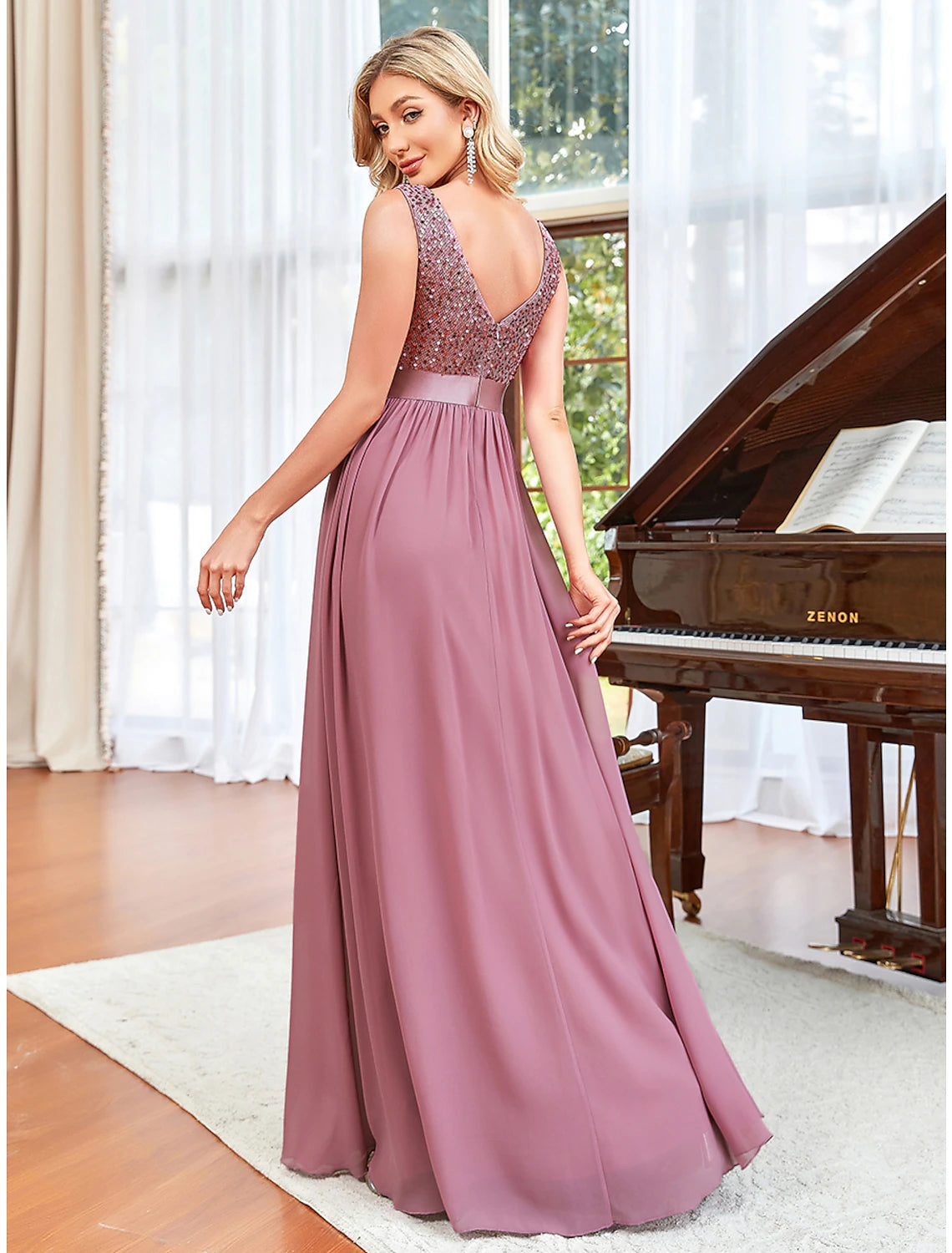 Wholesale  A-Line Prom Dresses Sparkle & Shine Dress Wedding Guest Prom Floor Length Sleeveless V Neck Chiffon V Back with Draping