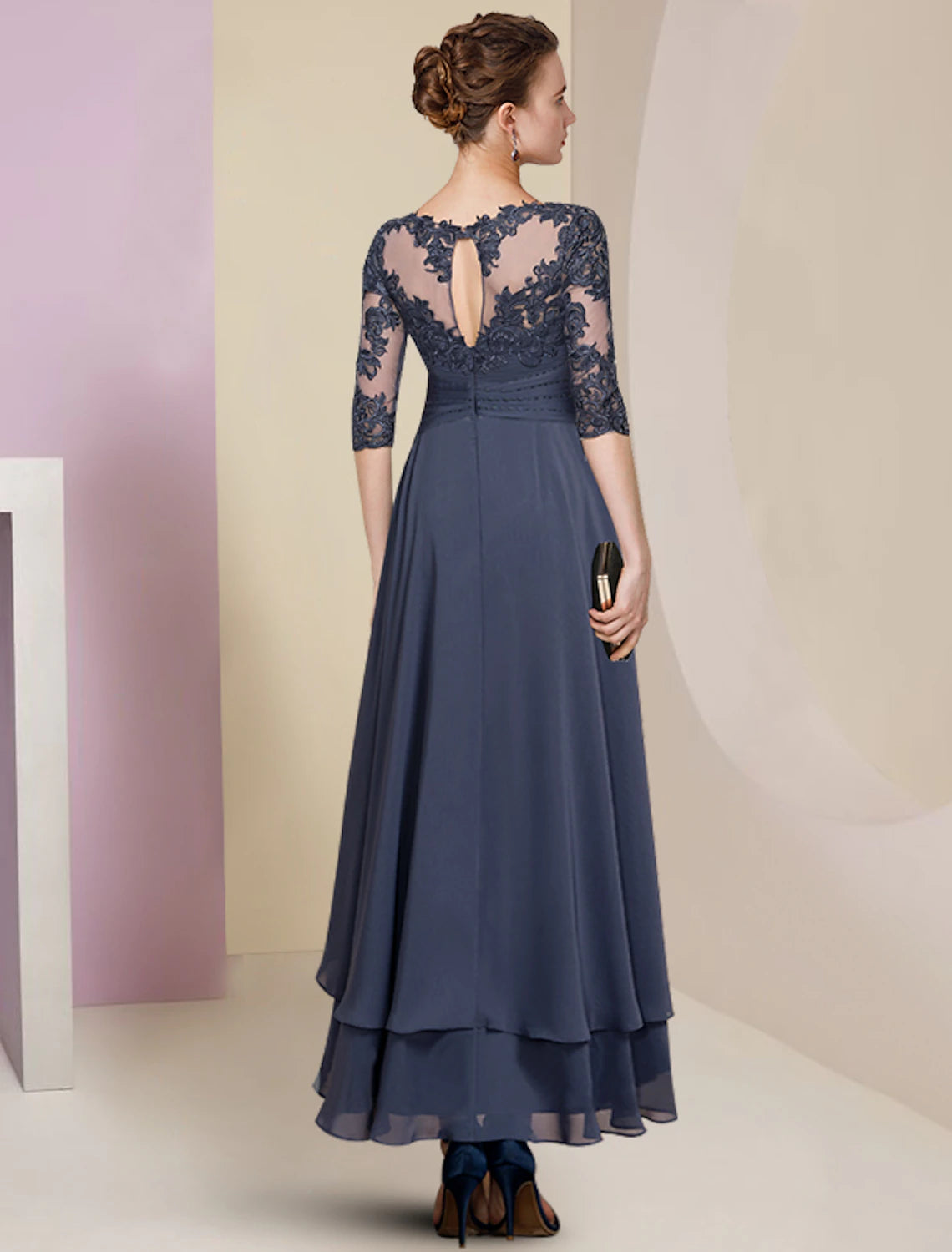 Wholesale  Sheath / Column Mother of the Bride Dress Wedding Guest Party Elegant High Low Jewel Neck Asymmetrical Chiffon Lace Half Sleeve with Pleats Solid