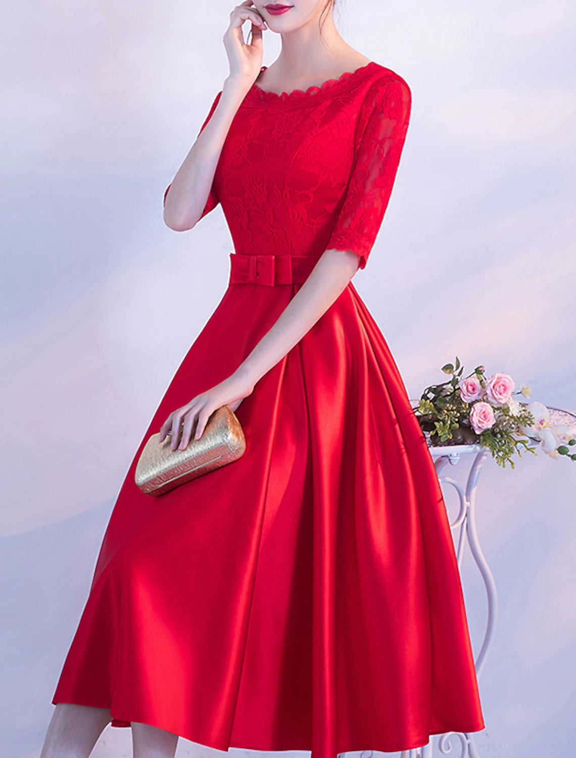 Wholesale A-Line Minimalist Elegant Party Wear Cocktail Party Wedding Guest Dress Jewel Neck Half Sleeve Tea Length Satin with Bow(s) Pleats Lace Embroidery
