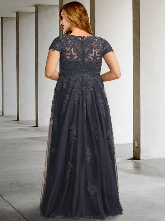Wholesale A-Line Plus Size Curve Mother of the Bride Dresses Elegant Dress Formal Floor Length Short Sleeve Jewel Neck Lace with Pleats Appliques