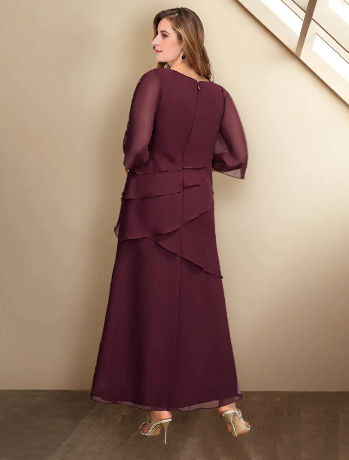 Wholesale A-Line Mother of the Bride Dresses Plus Size Hide Belly Curve Elegant Dress Formal Ankle Length Half Sleeve Jewel Neck Chiffon with Ruffles