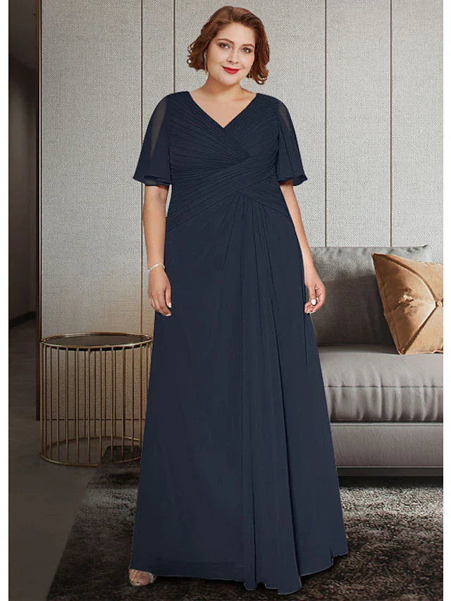 Wholesale A-Line Mother of the Bride Dress Plus Size Elegant V Neck Ankle Length Chiffon Half Sleeve with Pleats Ruching