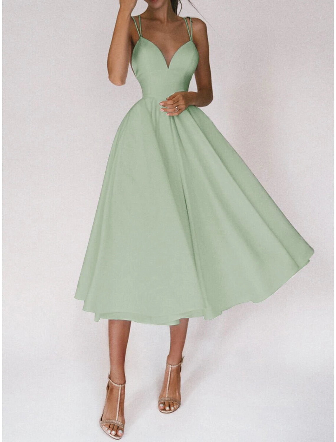 Wholesale A-Line Homecoming Dresses Open Back Dress Wedding Guest Holiday Tea Length Sleeveless Spaghetti Strap Spandex Backless with Pleats