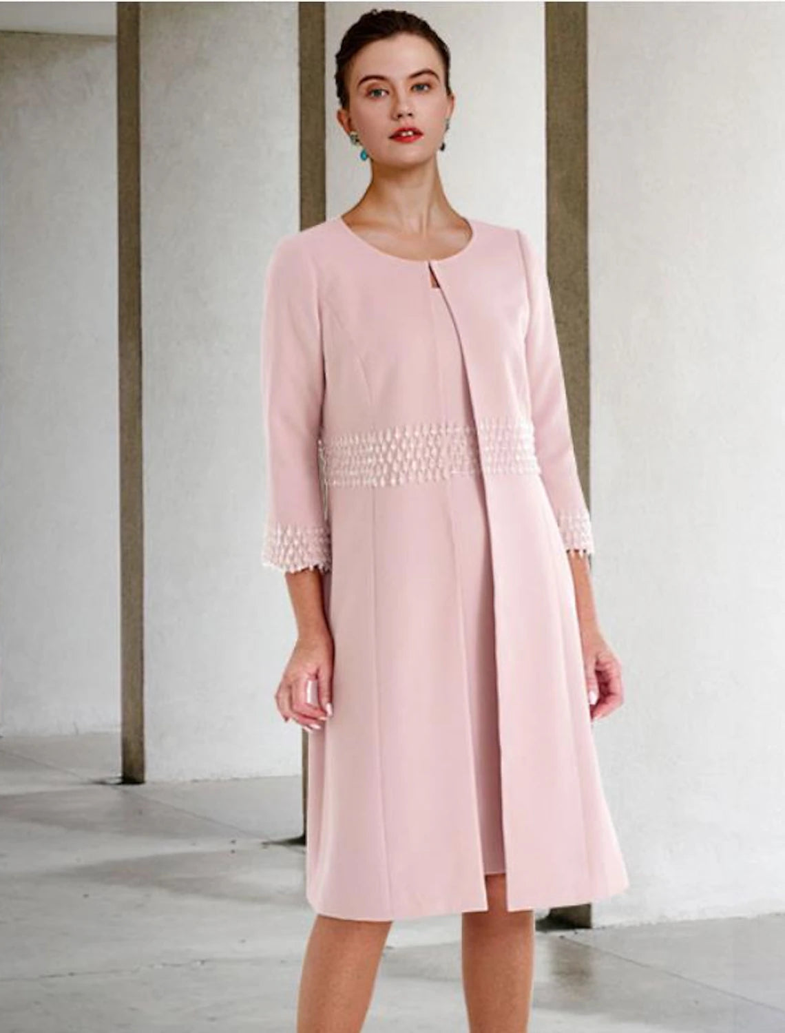 Wholesale  Two Piece Sheath / Column Mother of the Bride Dress Wedding Guest Church Elegant Jewel Neck Knee Length Stretch Fabric Short Sleeve Jacket Dresses with Beading Fall