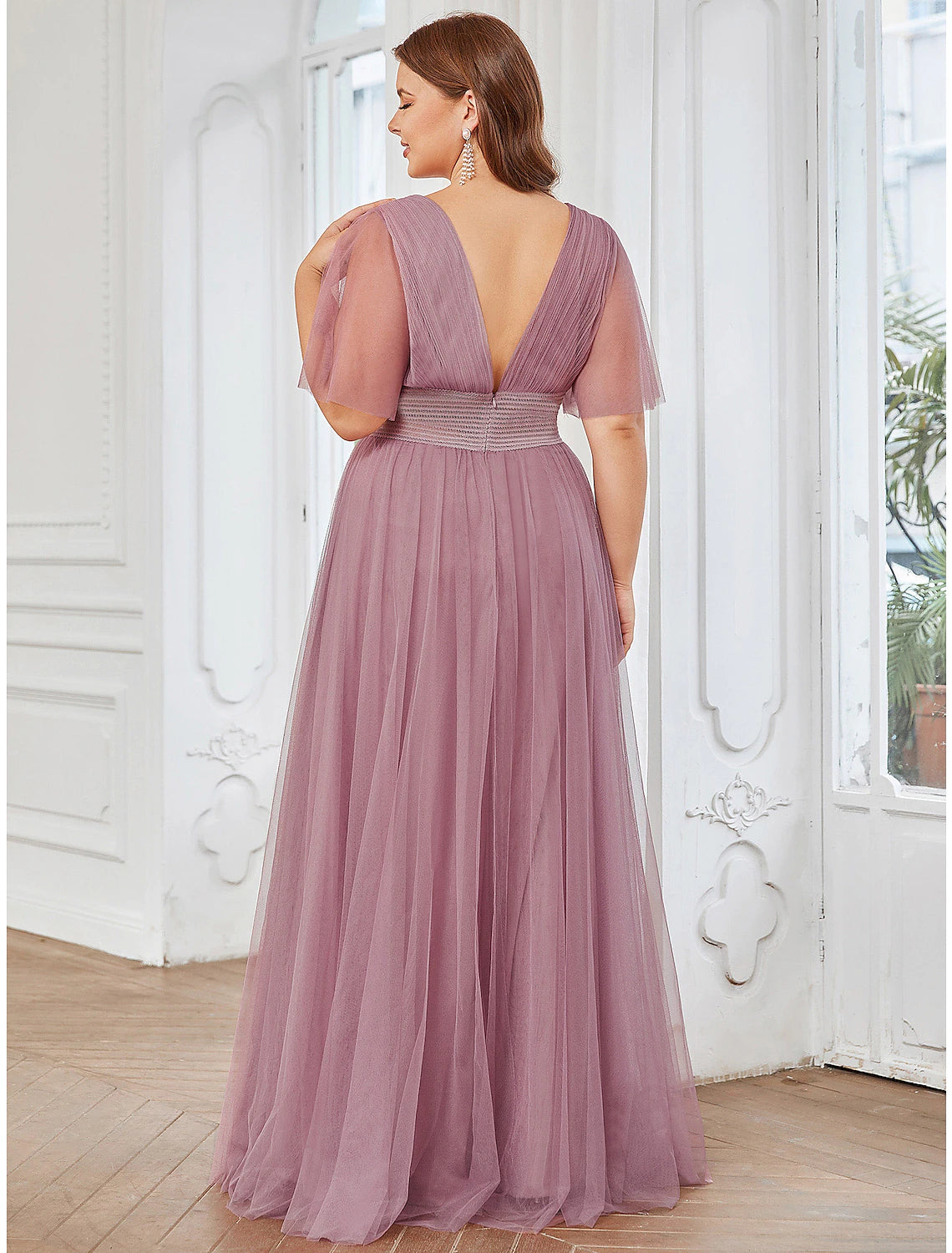 Wholesale A-Line Bridesmaid Dress V Neck Short Sleeve Plus Size Floor Length Tulle with Ruffles / Draping / Tier