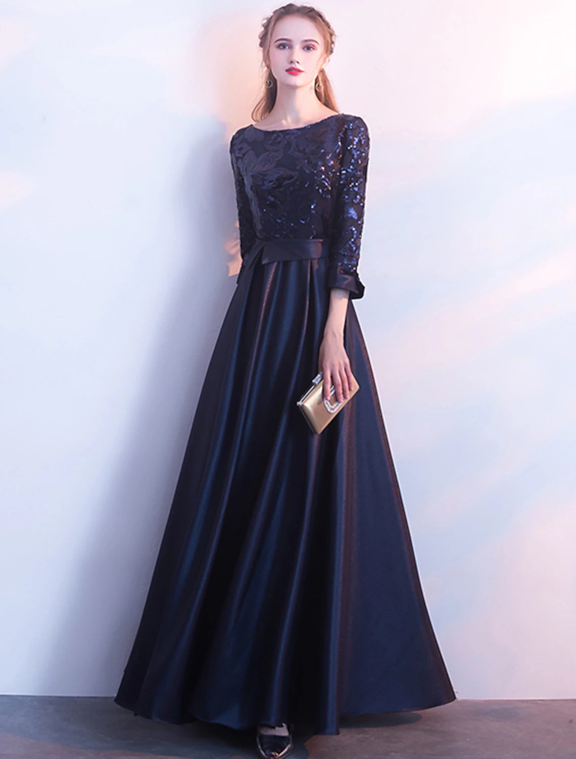 Wholesale  A-Line Glittering Elegant Prom Formal Evening Dress Jewel Neck 3/4 Length Sleeve Floor Length Satin with Sequin