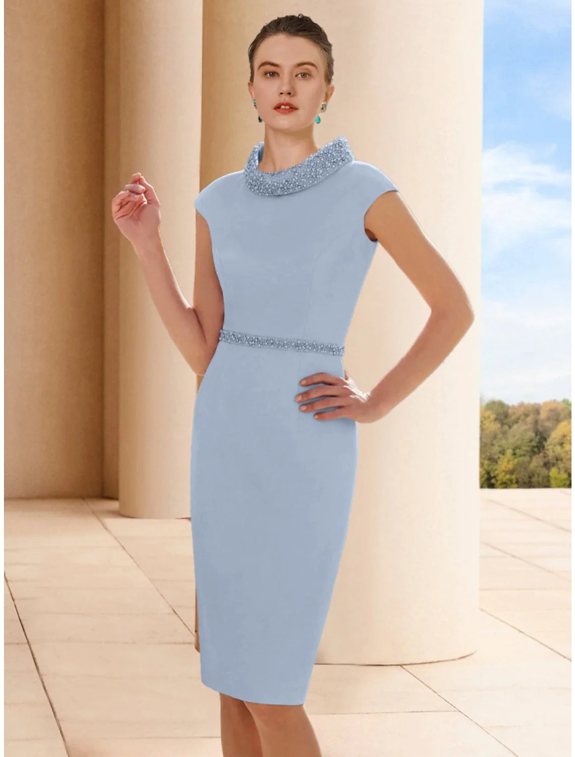 Wholesale Two Piece Sheath / Column Mother of the Bride Dress Wedding Guest Elegant Petite Scoop Neck Knee Length Satin 3/4 Length Sleeve with Feather Beading