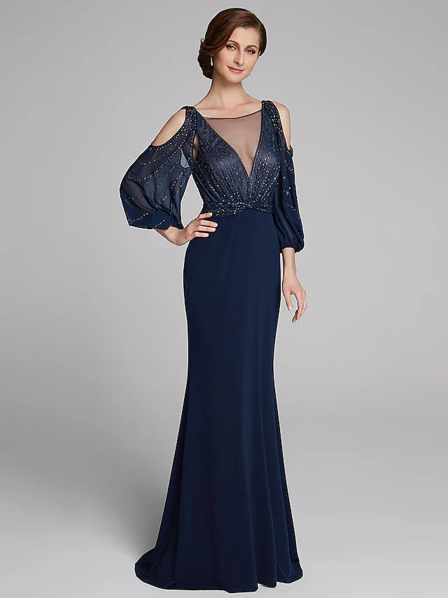 Wholesale Sheath / Column Mother of the Bride Dress Sparkle & Shine Boat Neck Floor Length Chiffon Jersey Long Sleeve No with Beading Ruching