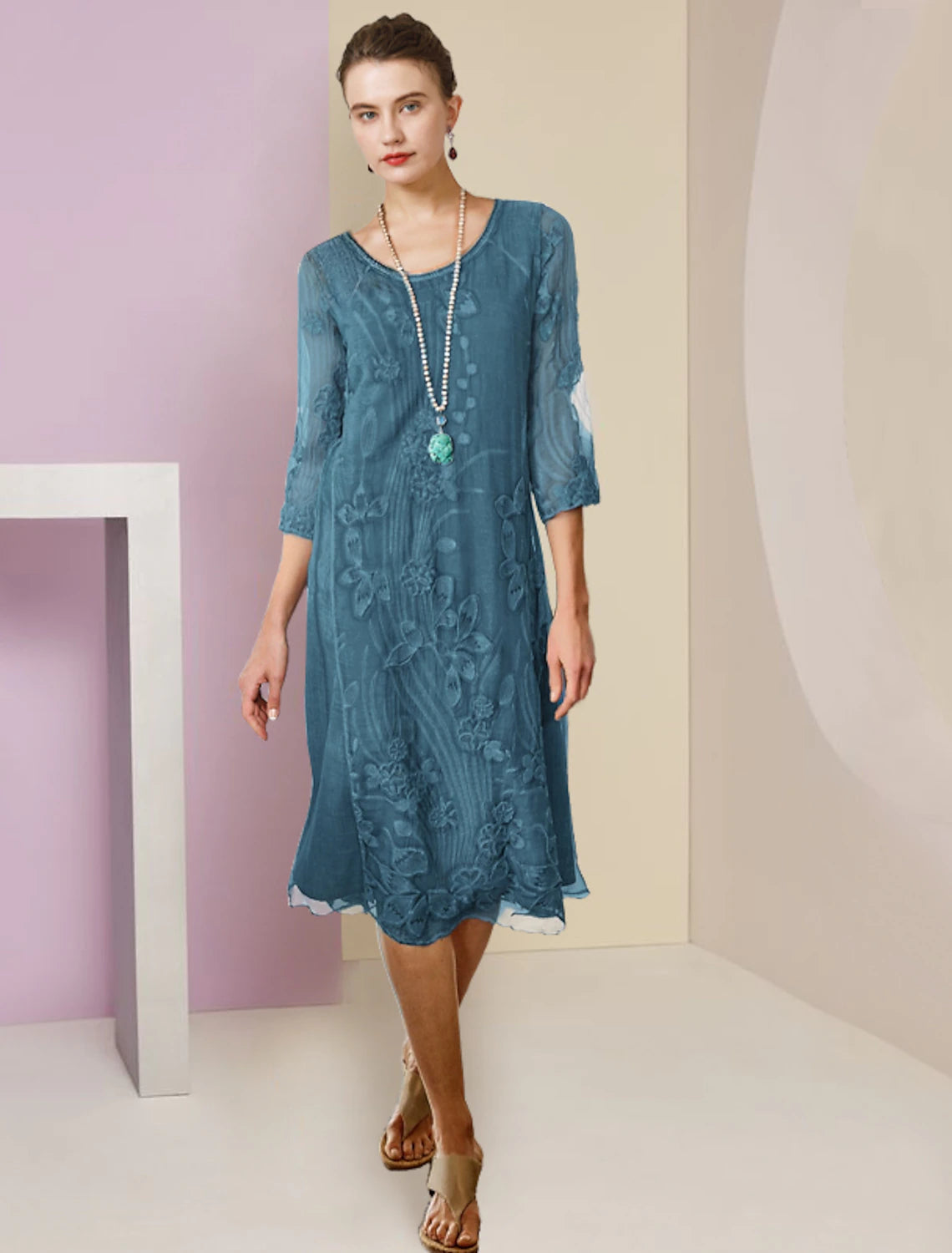 Wholesale  Two Piece Sheath / Column Mother of the Bride Dress Formal Wedding Guest Elegant Scoop Neck Knee Length Chiffon Lace Half Sleeve Jacket Dresses with Appliques