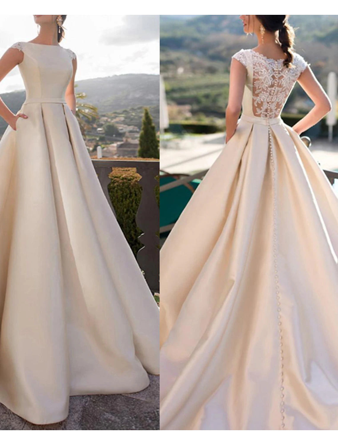 Wholesale Hall Royal Style Wedding Dresses A-Line Scoop Neck Sleeveless Court Train Satin Bridal Gowns With Pearls Appliques