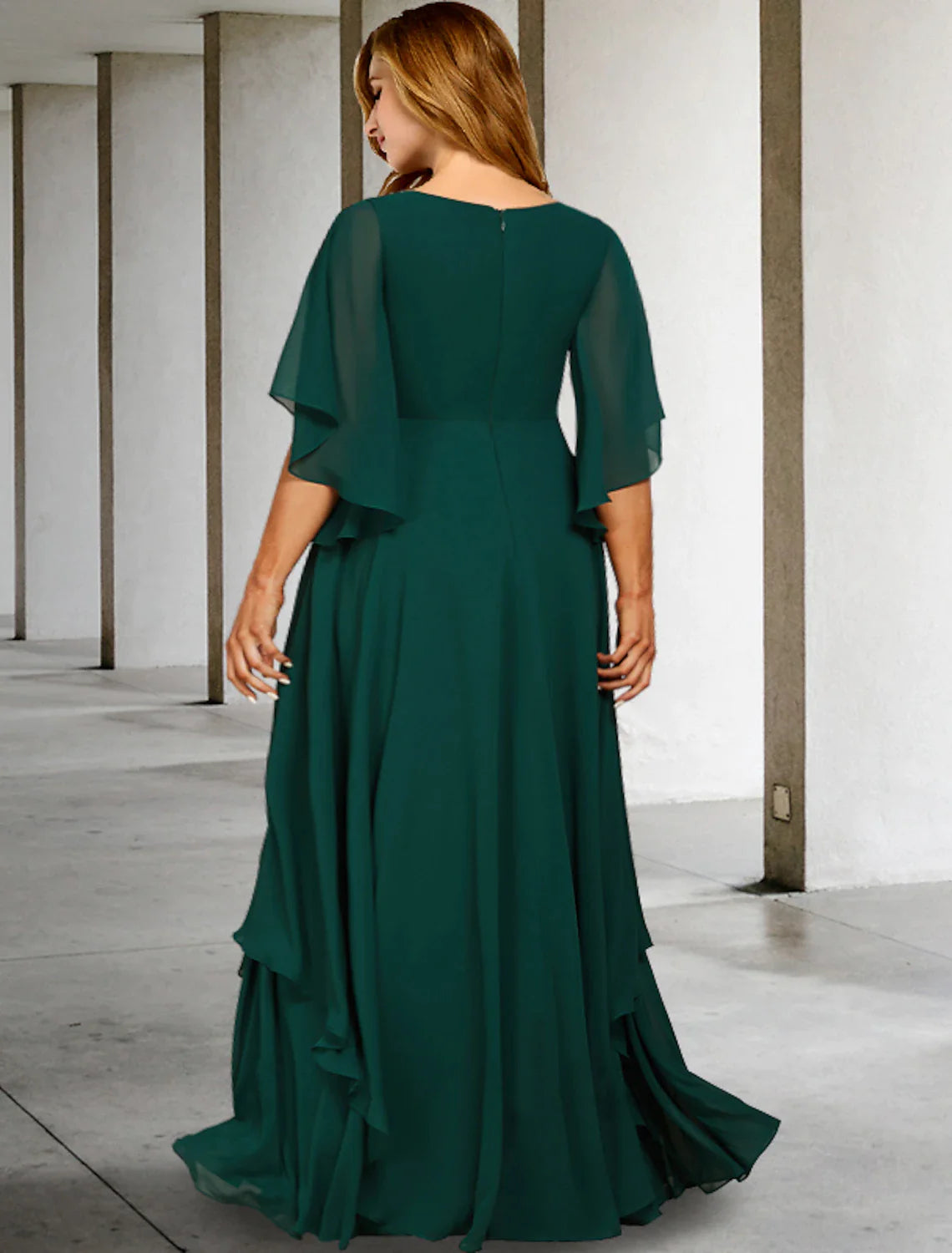Wholesale A-Line Mother of the Bride Dresses Plus Size Hide Belly Curve Elegant Dress Formal Sweep / Brush Train Half Sleeve V Neck Chiffon with Ruffles Strappy